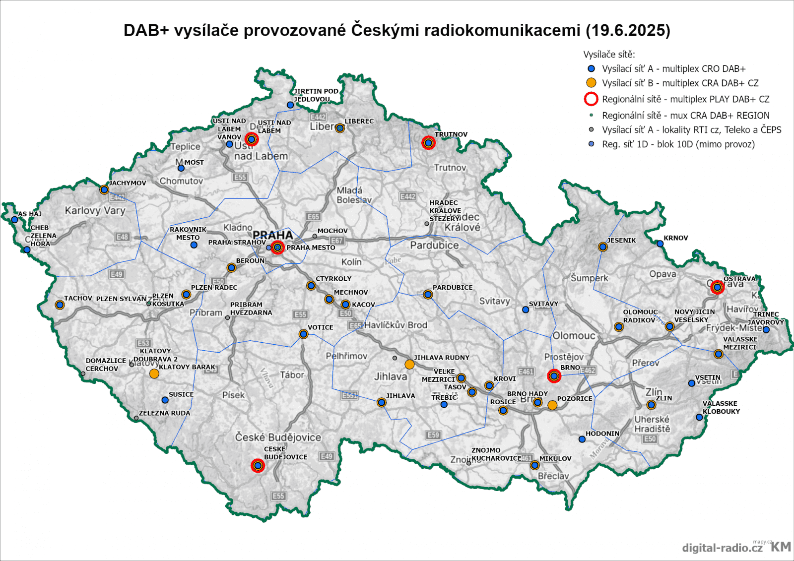 Lokality vysílací sítě Českých Radiokomunikací