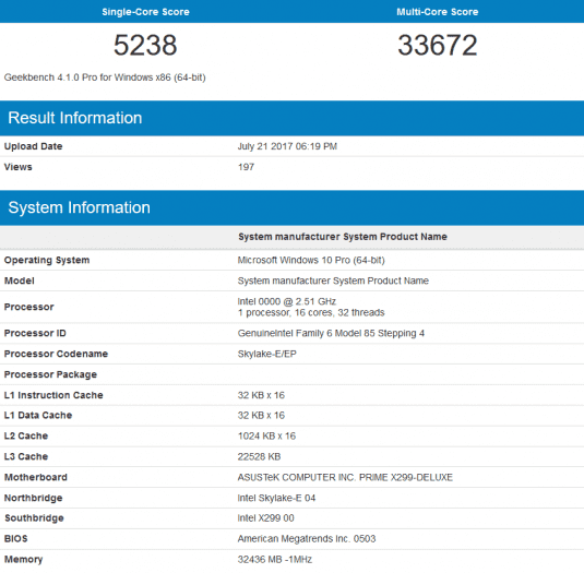 Šestnáctijádrový vzorek procesoru Skylake-X pro platformu X299 v Geekbench