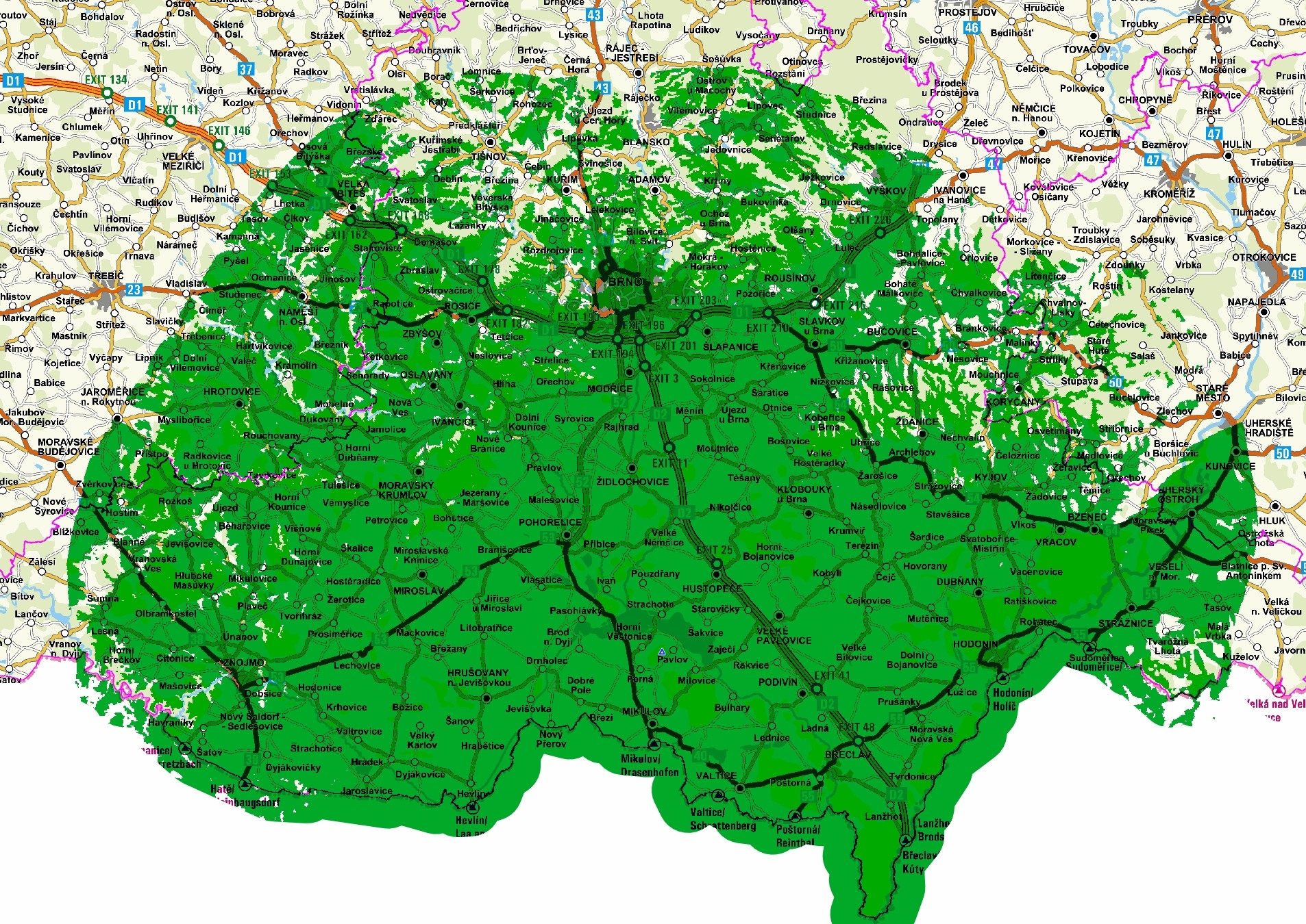 Orientační pokrytí signálem z vysílače Mikulov