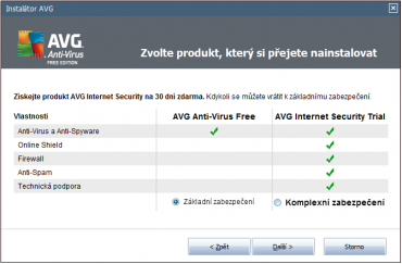 <p>Při instalaci lze kromě bezplatné verze antiviru zvolit i časově omezenou verzi odlišného produktu</p>