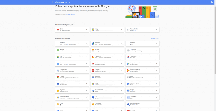 Dashboard přehledně zobrazí stručné informace o všech službách Googlu