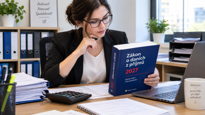 Žena v kanceláři u stolu drží v ruce zákon o daních z příjmů