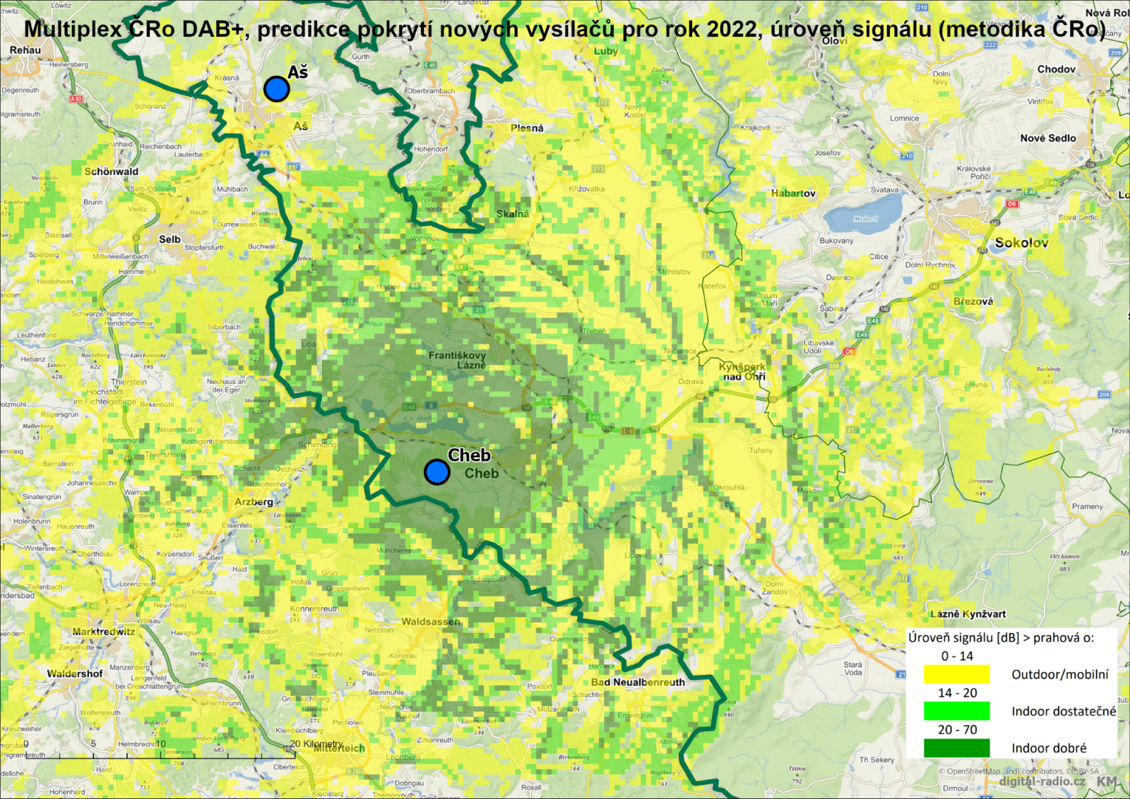 Pokrytí DAB+ vysílačů Českého rozhlasu