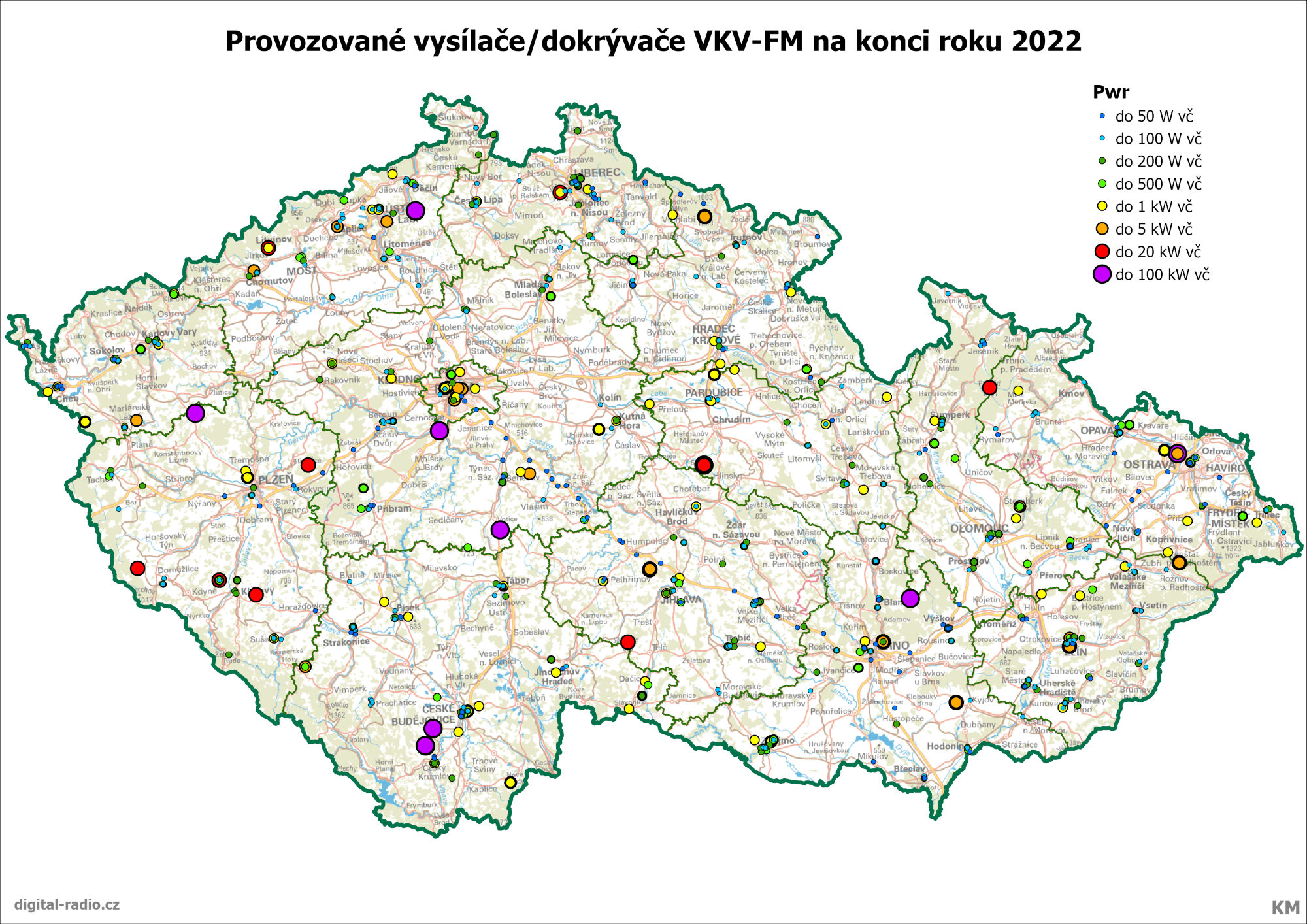 VKV-FM vysílače a dokrývače provozované na konci roku 2022