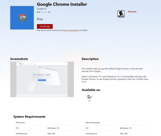 Google Chrome Installer v Microsoft Storu