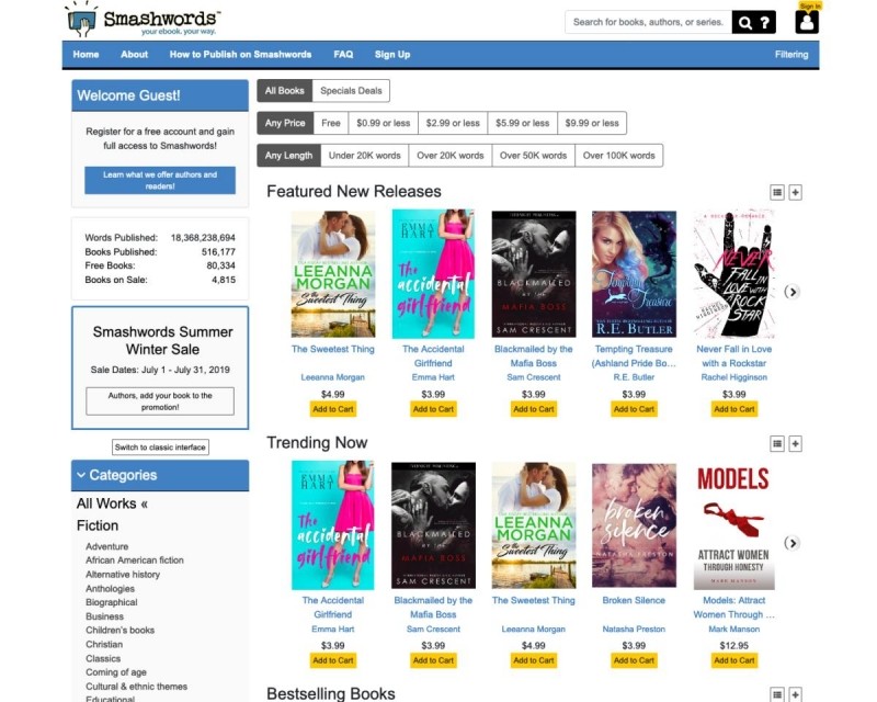 Smashwords rovněž nabízí přístup k více než 80 000 zdarma dostupných e-knih, zejména od nezávislých autorů a vydavatelů