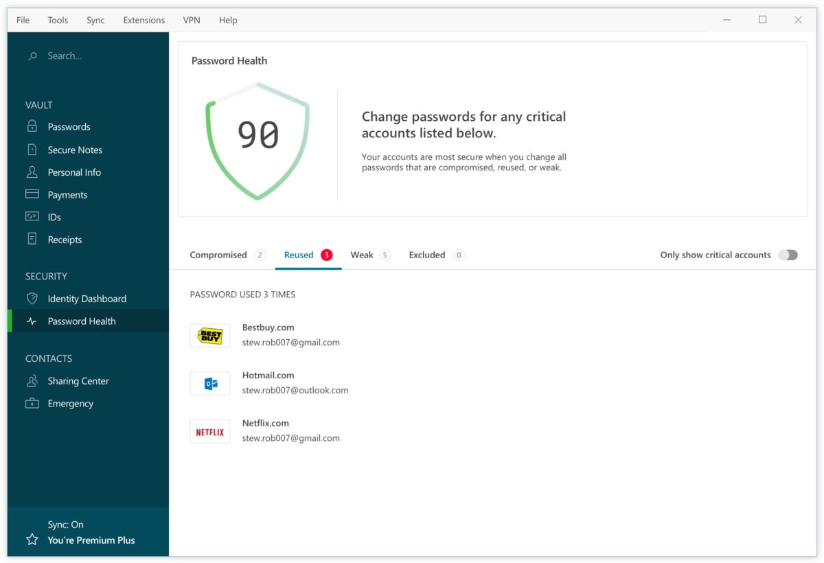 Přehled Password Health programu Dashlane vás upozorní na slabá, zneužitá a opakovaně používaná hesla, takže můžete tato nevyhovující hesla velmi snadno změnit.