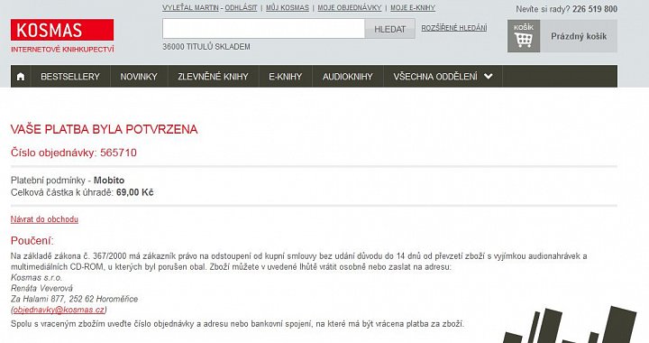 Platba na Kosmas.cz prostřednictvím platebního systému Mobito.