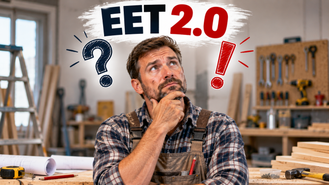 Zamyšlený řemeslník, na jehož hlavou je nápis EET 2.0, vlevo otazník, vpravo vykřičník.