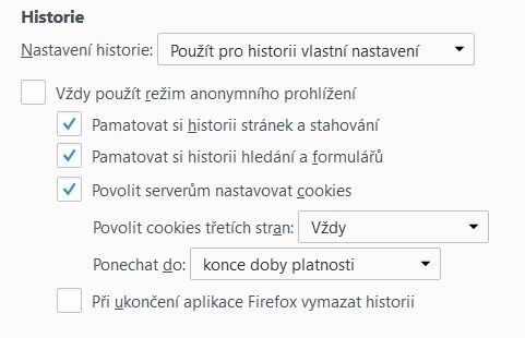 Firefox s upravenými nastaveními týkajícími se historie procházení