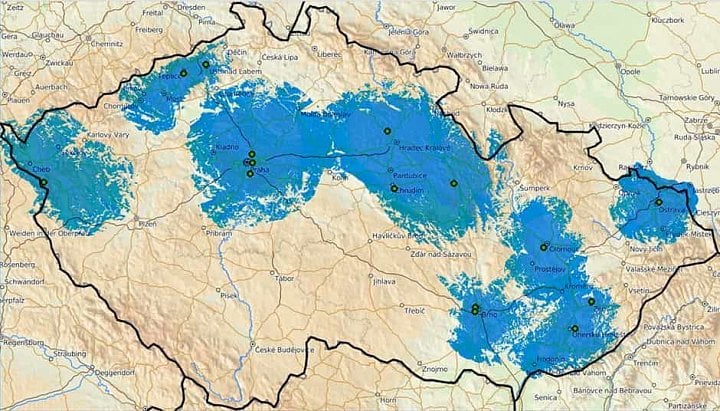 Plánované pokrytí Přechodové sítě 13 včetně Olomouce a Mariánských Lázní