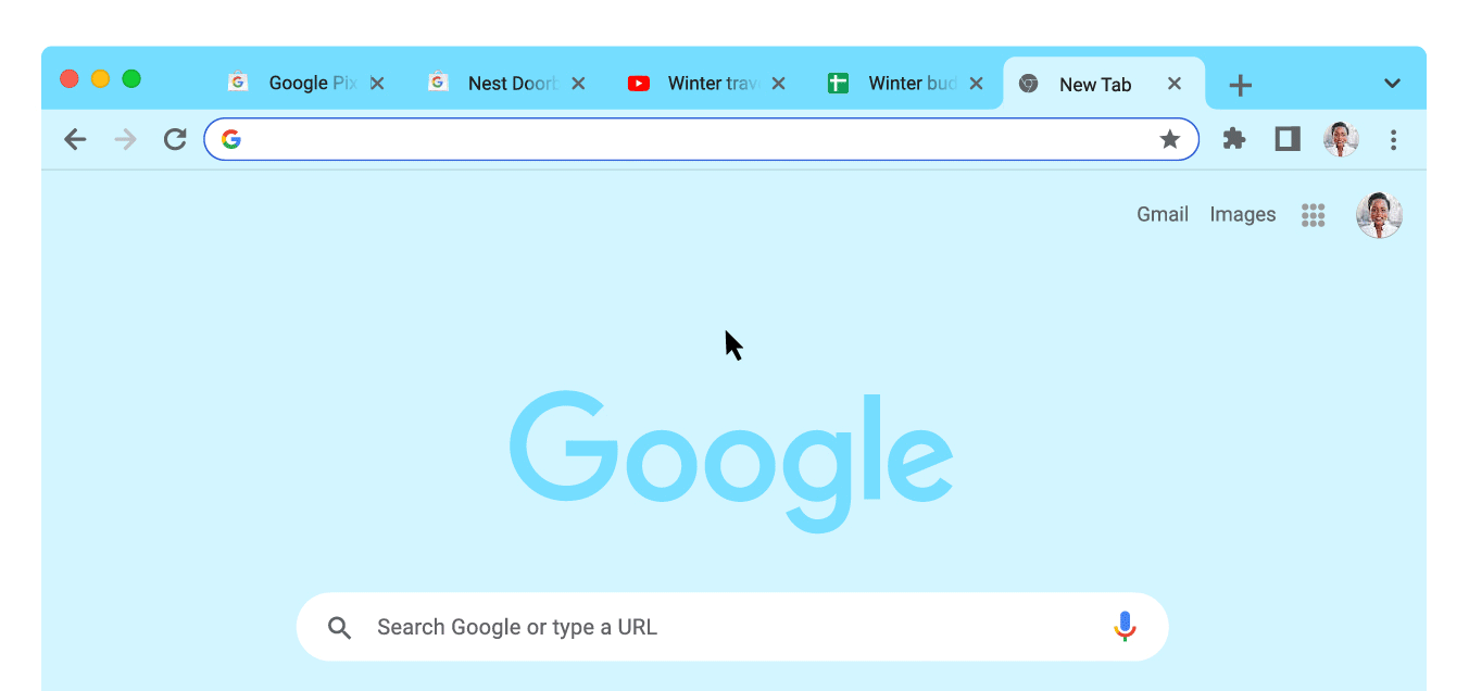 Starší anglická ukázka Chromu: v adresním řádku se zapne Search Tabs, zadá se písmeno a objeví se nabídka otevřených karet.