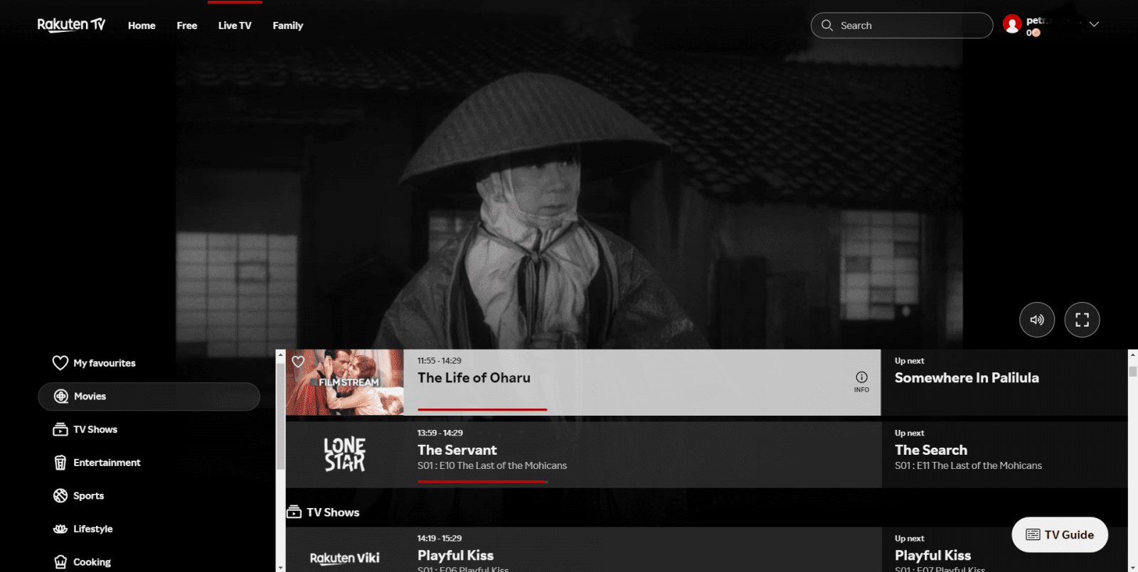 Rakuten - sekce Live TV