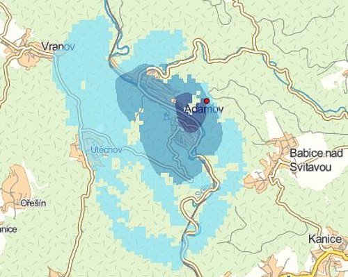 Pokrytí signálem nové Regionální sítě 15, která bude vysílat v Adamově nedaleko Blanska.