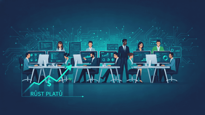 Ilustrace zobrazující moderní kancelářské prostředí s IT profesionály pracujícími u počítačů. V popředí je vidět rostoucí graf symbolizující nárůst mezd v IT sektoru. Obrázek v profesionálních modro-zelených tónech zachycuje dynamické pracovní prostředí technologických společností s prvky jako jsou monitory s kódem, datové vizualizace a digitální propojení v pozadí