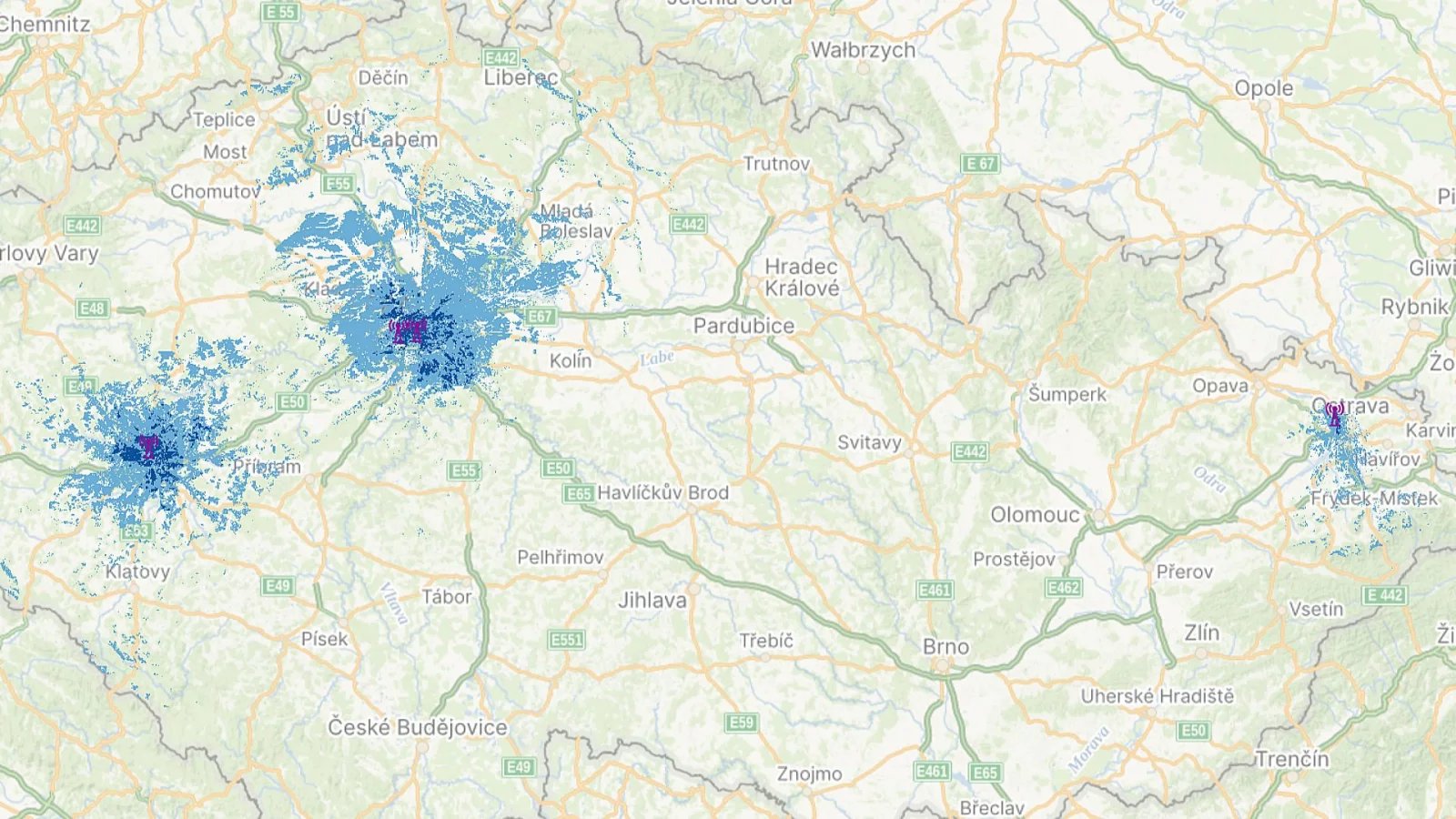 Simulace pokrytí DAB+ sítě Českých Radiokomunikací