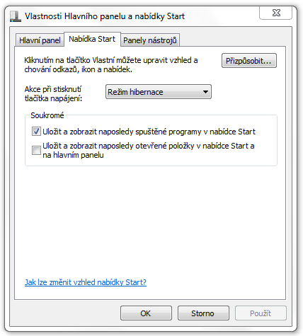 <p>Úprava nabídky start ve Windows 7</p>