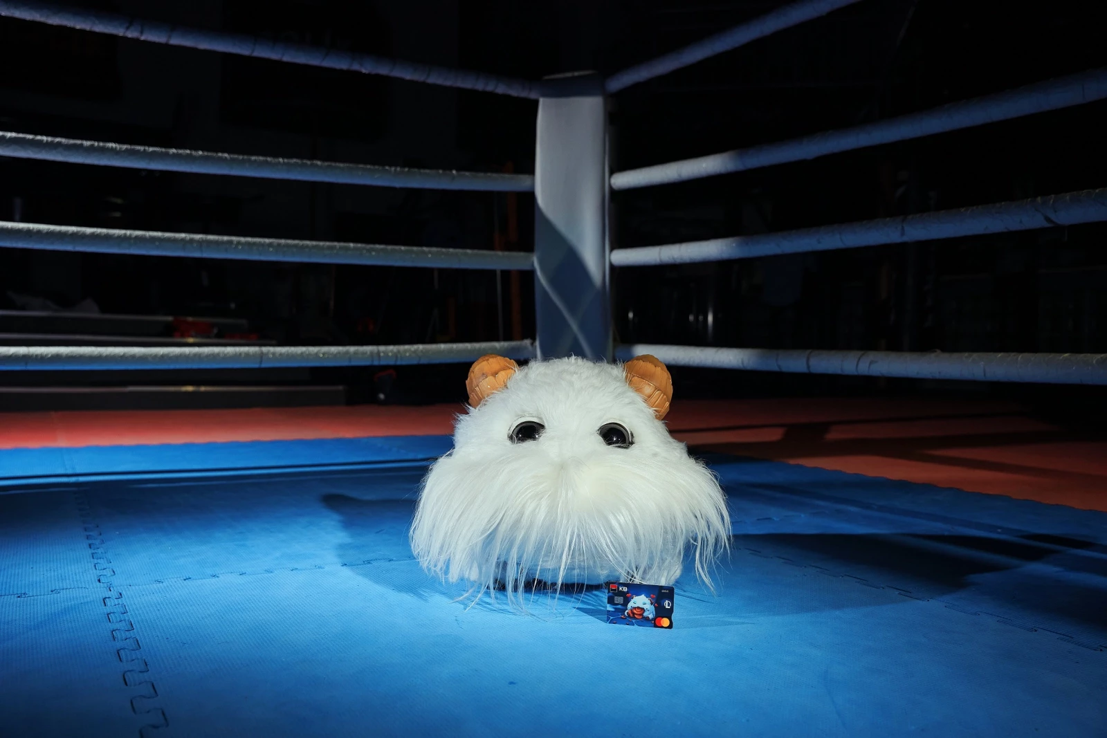 Postavička Poro ze hry League of Legends s platební kartou Komerční banky.