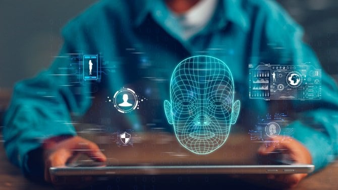 Koncept deepfake přizpůsobující se pohybům obličeje. Výměna obličeje nebo napodobování.