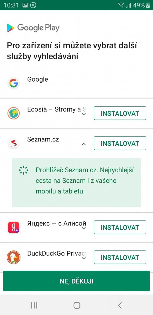 Výběr vyhledávače a prohlížeče v Androidu