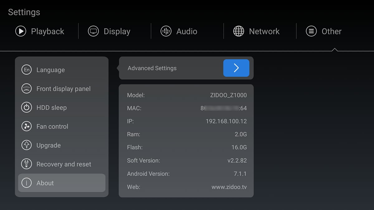 Zidoo Z1000 - systémová nastavení