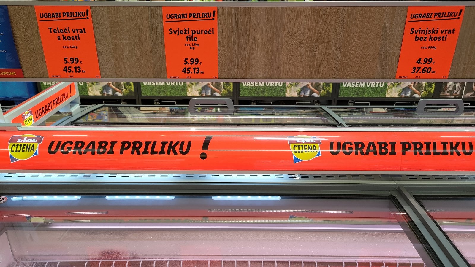 Ceny v Lidlu, Zagreb, Chorvatsko. (20. 6. 2023)