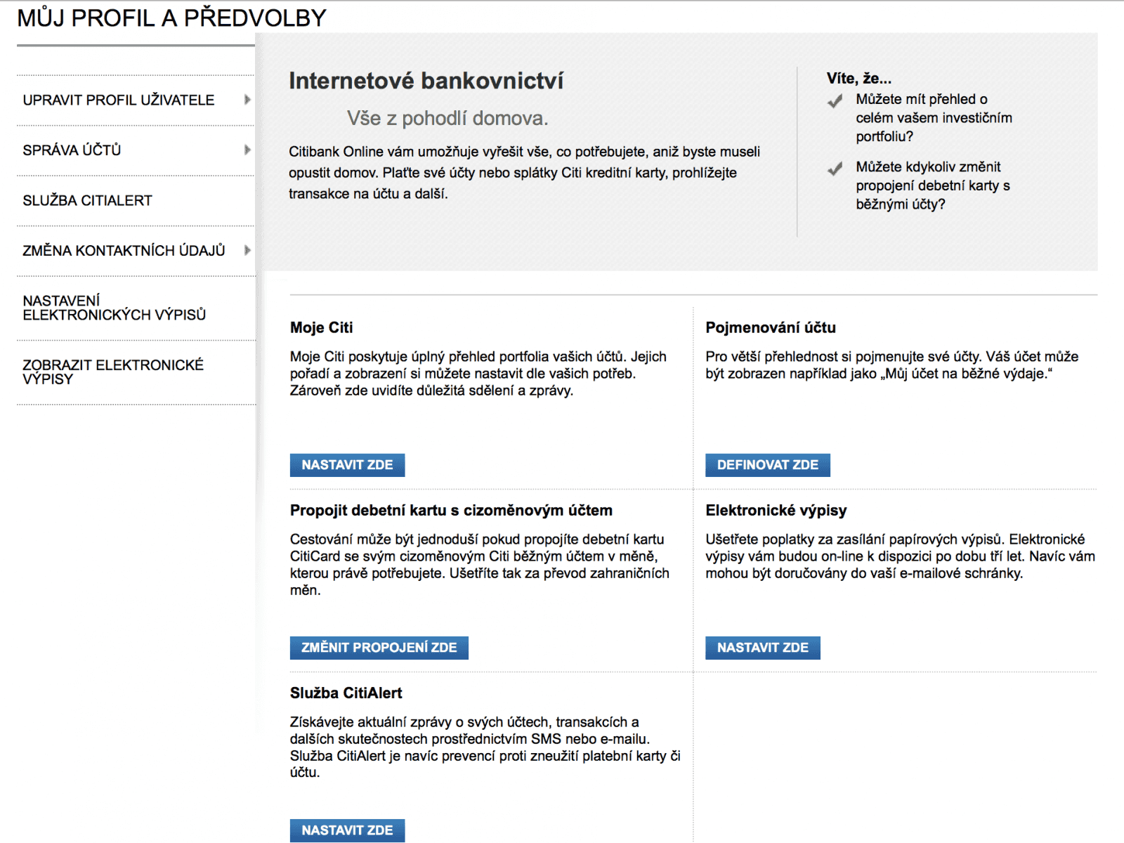 Rozcestník pro nastavení profilu a osobních preferencí.