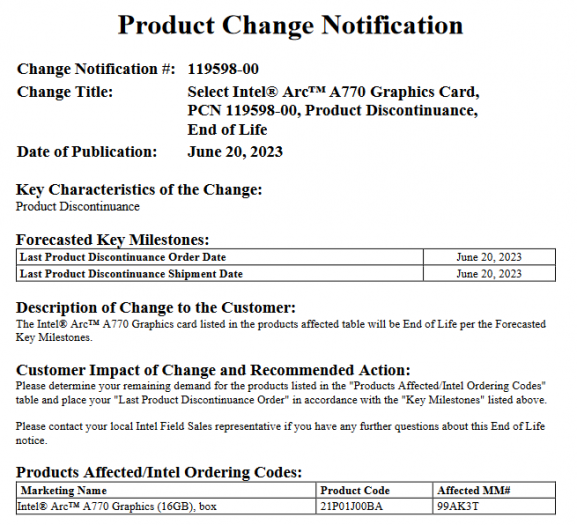 Oznámení o ukončení prodeje grafiky Intel Arc A770 Limited Edition