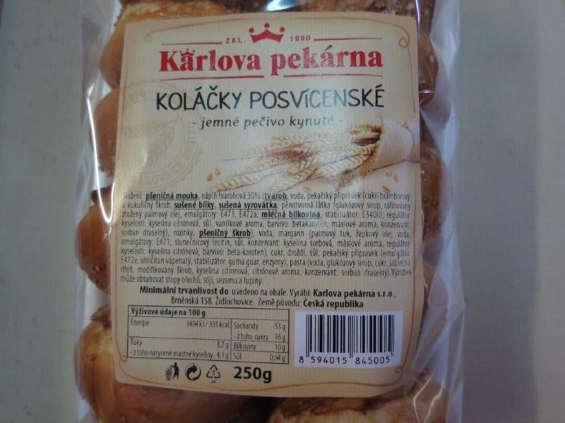 Výrobna Karlova pekárna, Židlochovice: Koláčky posvícenské - obsah náplně byl nižší, než bylo uvedeno na obale. Spotřebiteli tak byly poskytnuty zavádějící informace o obsahu tvarohové náplně.