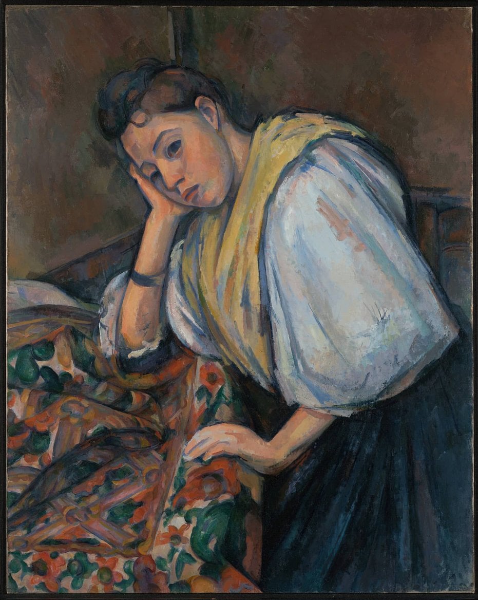 Paul Cézanne: Mladá italská žena u stolu  (1895 až 1900; Zdroj: Wikimedia Commons)