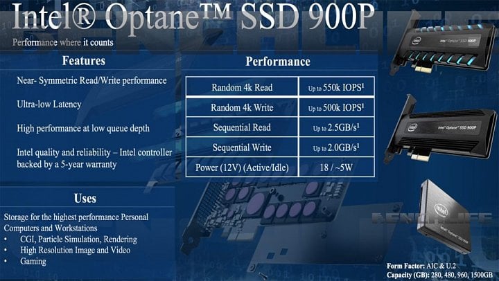 Uniklý slajd k highendovému disku Intel Optane SSD 900P (Zdroj: BenchLife.info)