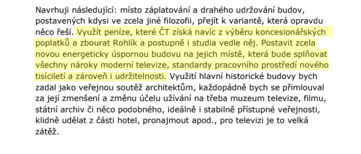 Pasáž z projektu Martina Konráda, ve které navrhuje zbourat budovu přezdívanou Rohlík.