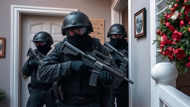 Speciální policejní jednotka proniká do domu při razii