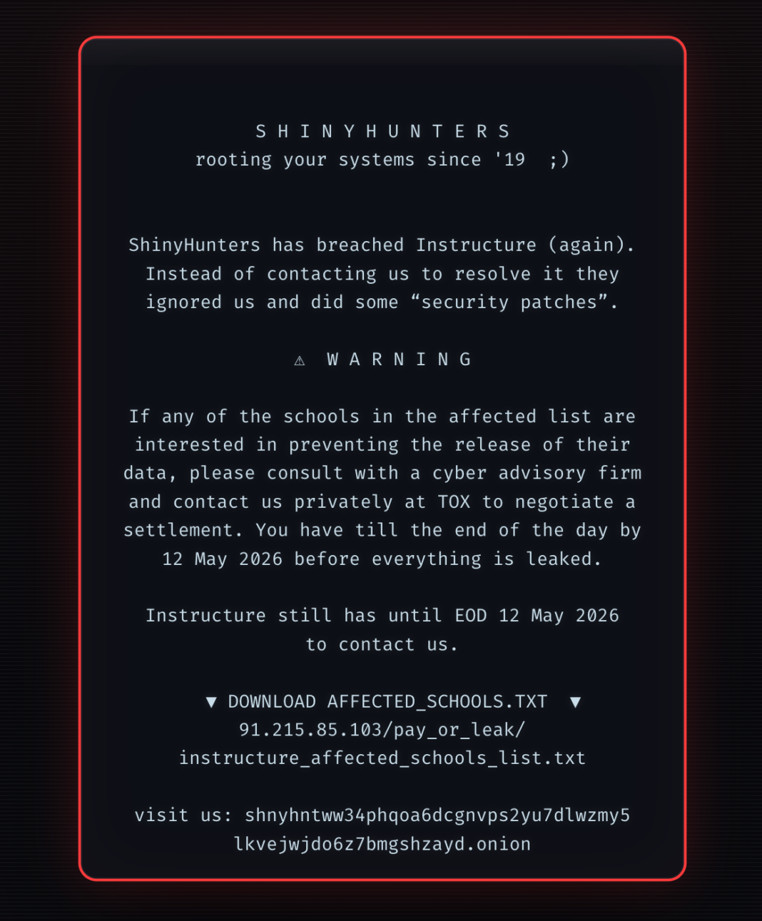 ShinyHunters Ransom Note