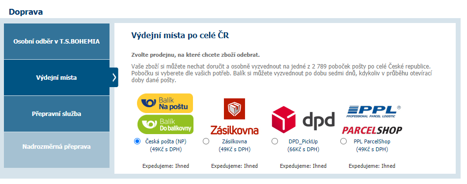 Volby dopravy v nákupním košíku e-shopů