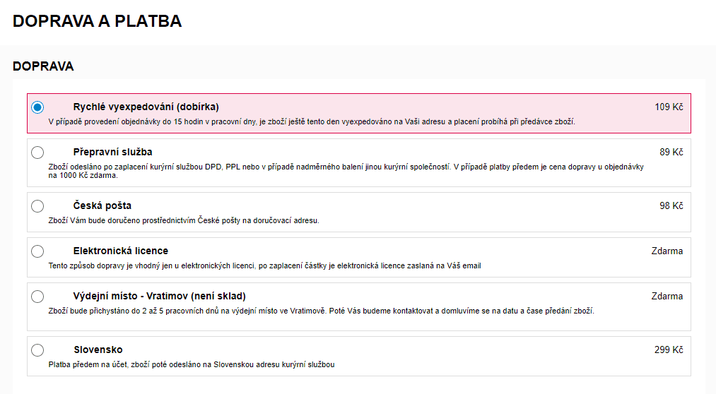 Volby dopravy v nákupním košíku e-shopů