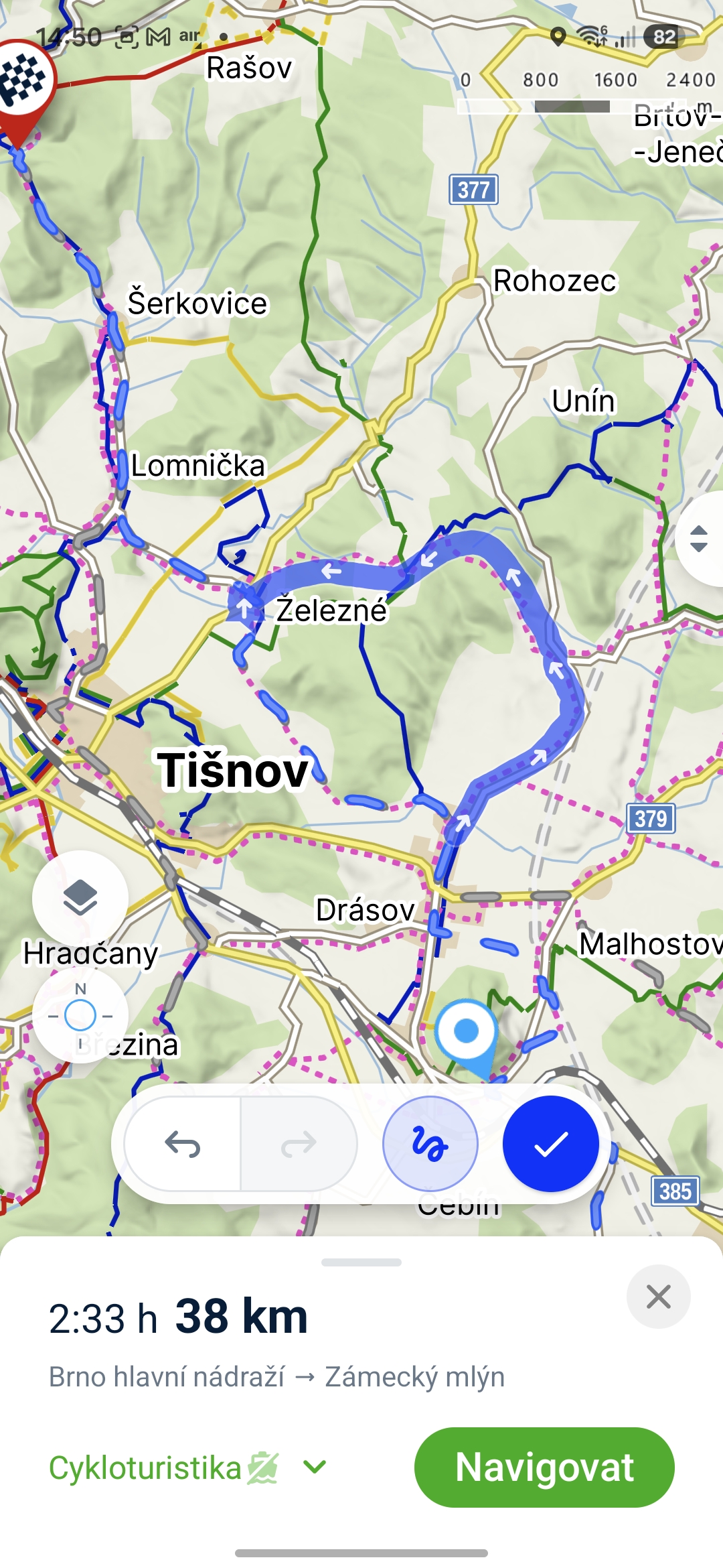 Změna trasy prstem.