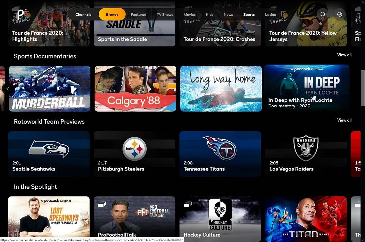 Peacock: sportovní sekce