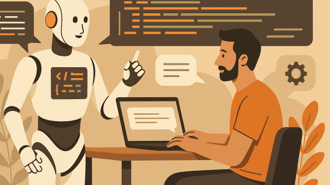 Ilustrace vývojáře komunikujícího s humanoidním AI asistentem při psaní kódu na notebooku, znázorňující koncept vibe codingu.