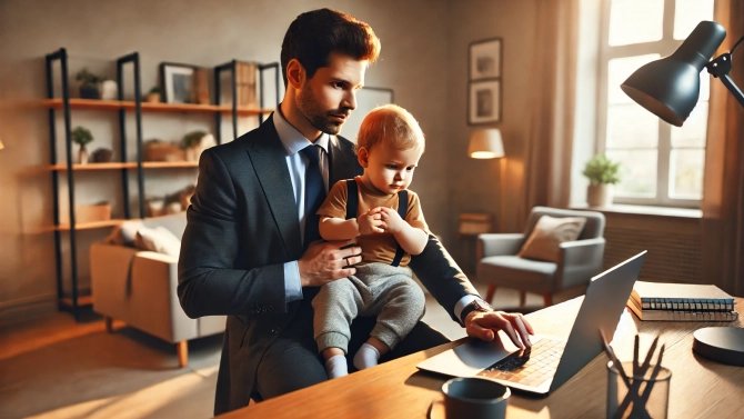 Muž v obleku, který pracuje na počítači a na klíně má malé dítě.