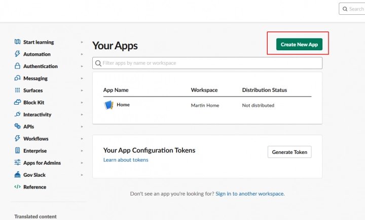 Klikněte na políčko „Create New App“