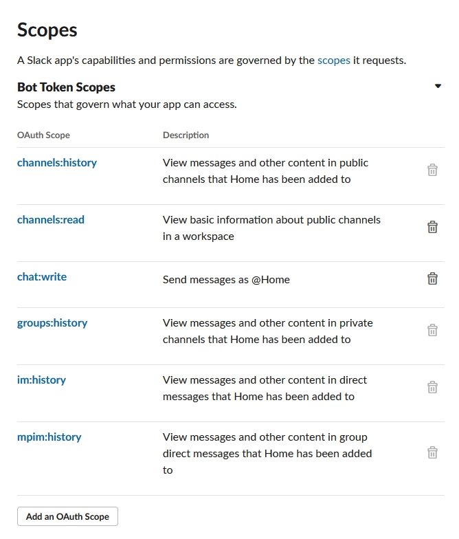 V „OAuth & Permissions“ si nastavte příslušná oprávnění