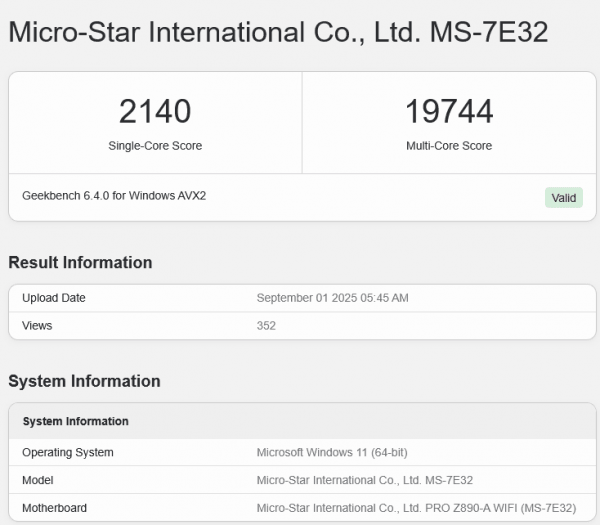 Intel Core Ultra 7 365K v databázi Geekbench