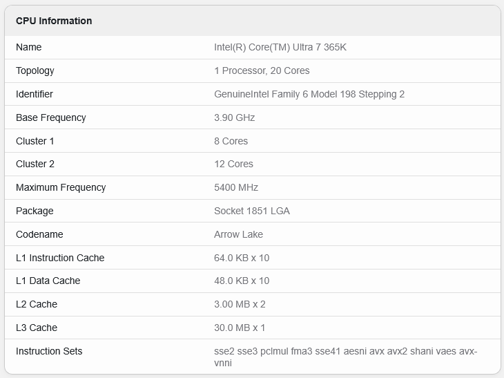 Intel Core Ultra 7 365K v databázi Geekbench