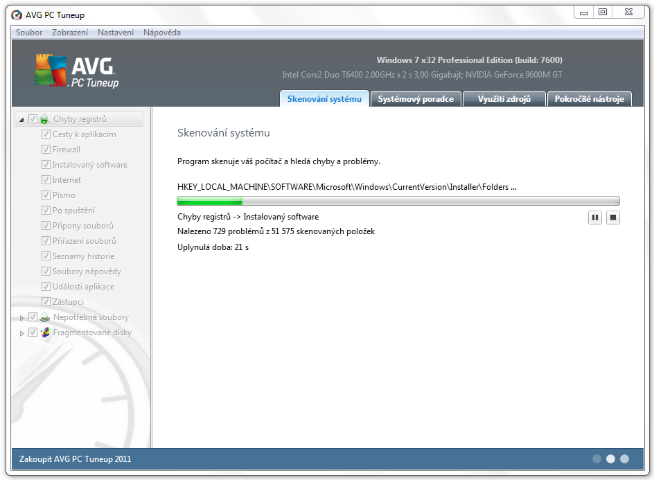 <p>Skenování systému s AVG PC Tuneup</p>