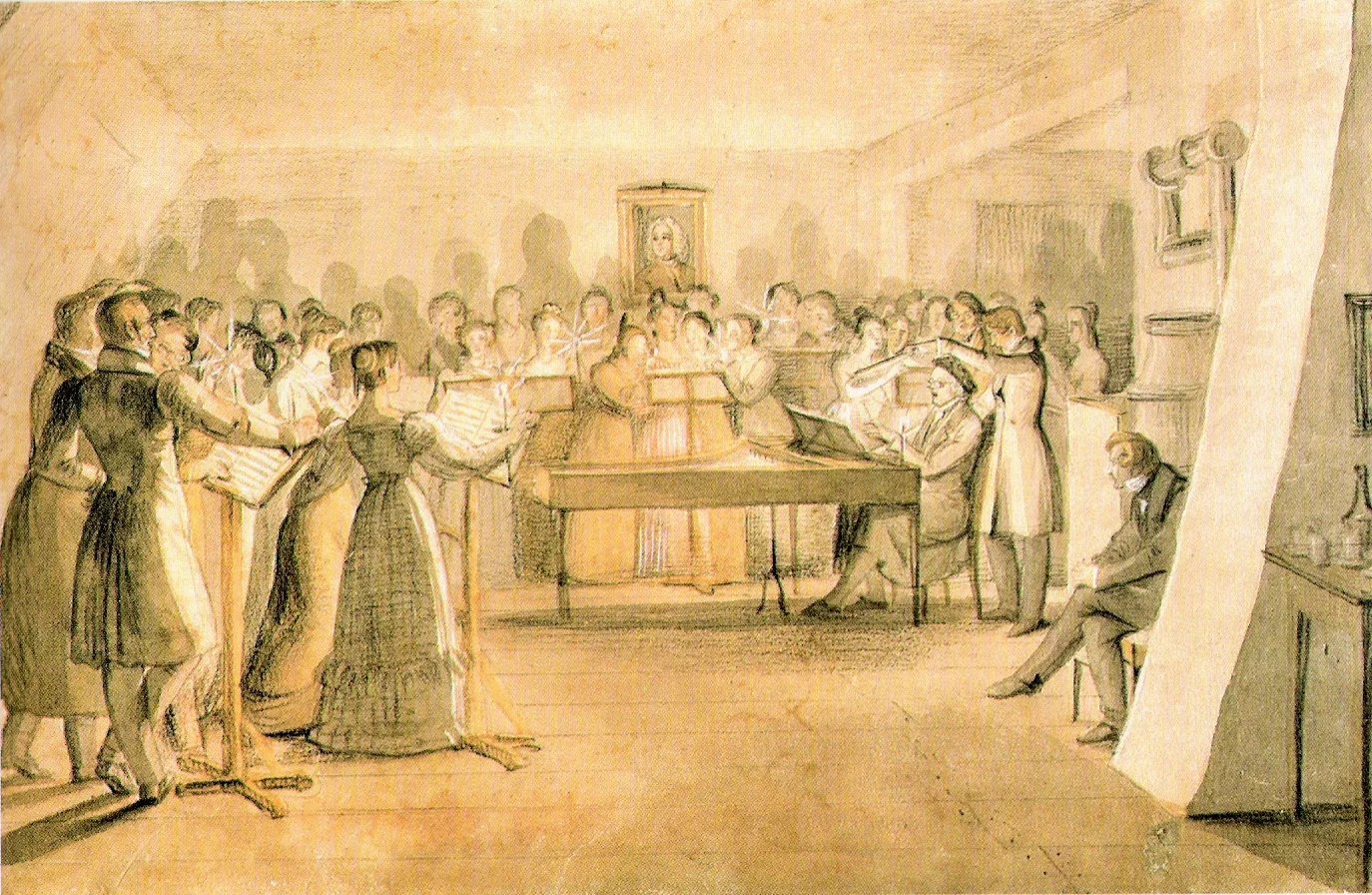Hudební večírek v Thibautu, akvarel, kolem roku 1829