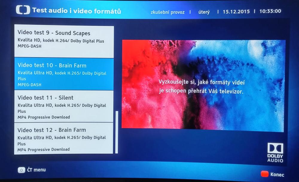 Přes HbbTV České televize jsem vyzkoušel tři videotesty pro 4K TV podporující kodek HEVC.