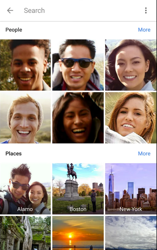 Dobové Fotky Google s oddíly People a Places: seskupené tváře a fotografie míst Alamo, Boston a New York.