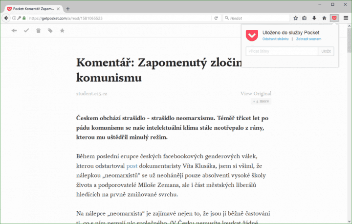 Pocket je již nějaký ten pátek ve Firefoxu přímo integrován