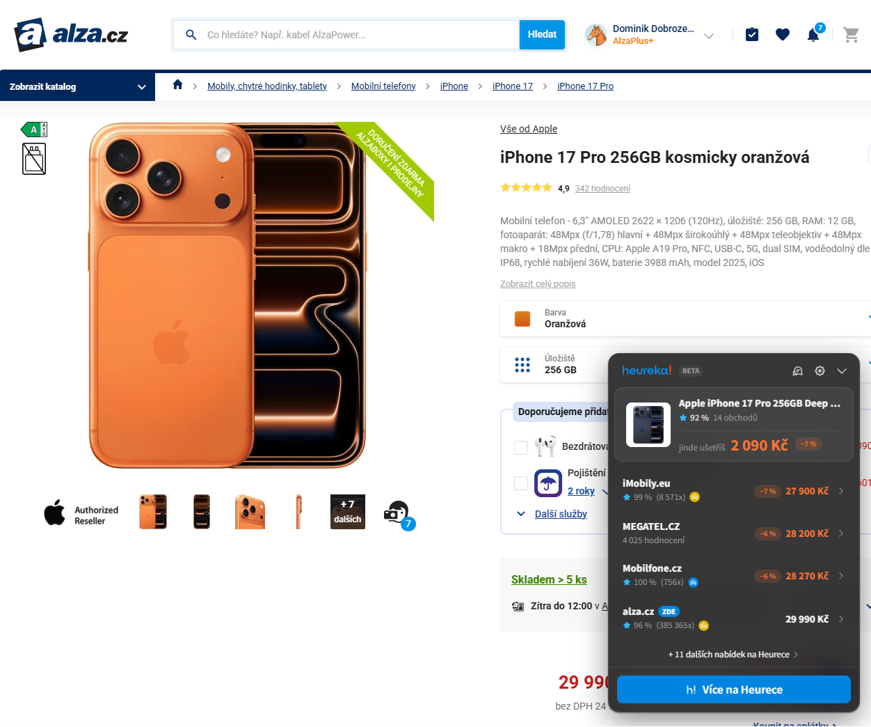 Hlídač cen by Heureka funguje nad aktuálním otevřeným oknem